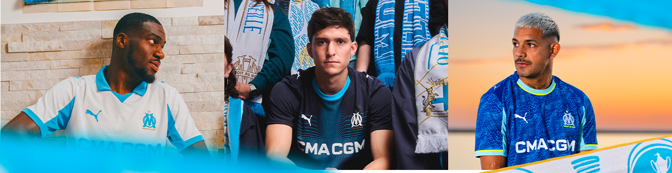 Joueurs de l'OM Olympique de Marseille présentant les maillots domicile extérieur et third 2024-25 - Comparez les prix des maillots OM