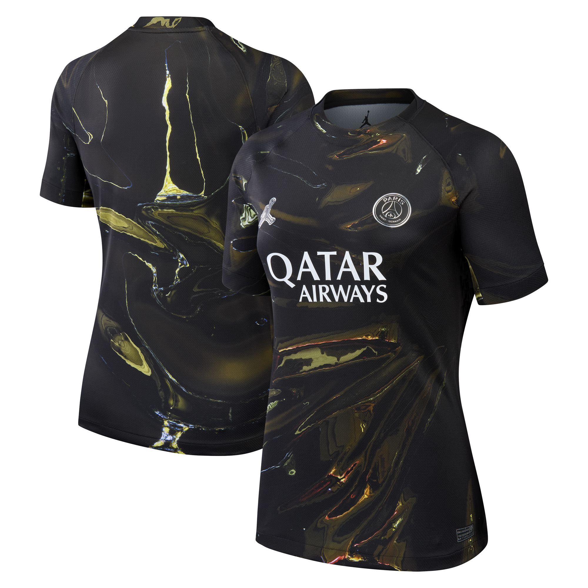Maillot de football Jordan PSG Night Edition 2025/2026 pour femme, noir avec motifs lumineux.