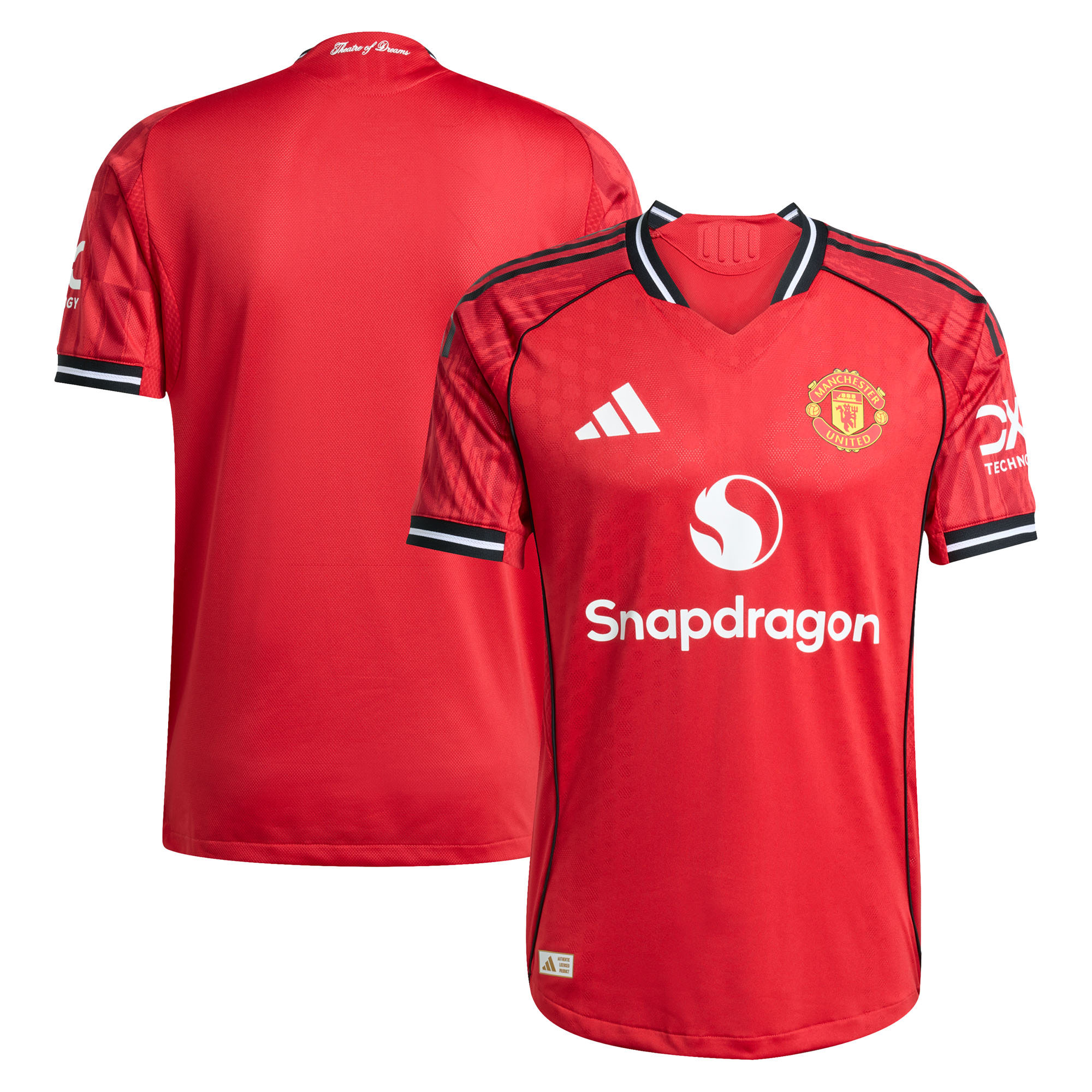 Maillot de football authentique Adidas de Manchester United, tenue domicile rouge pour la saison 2025/2026.