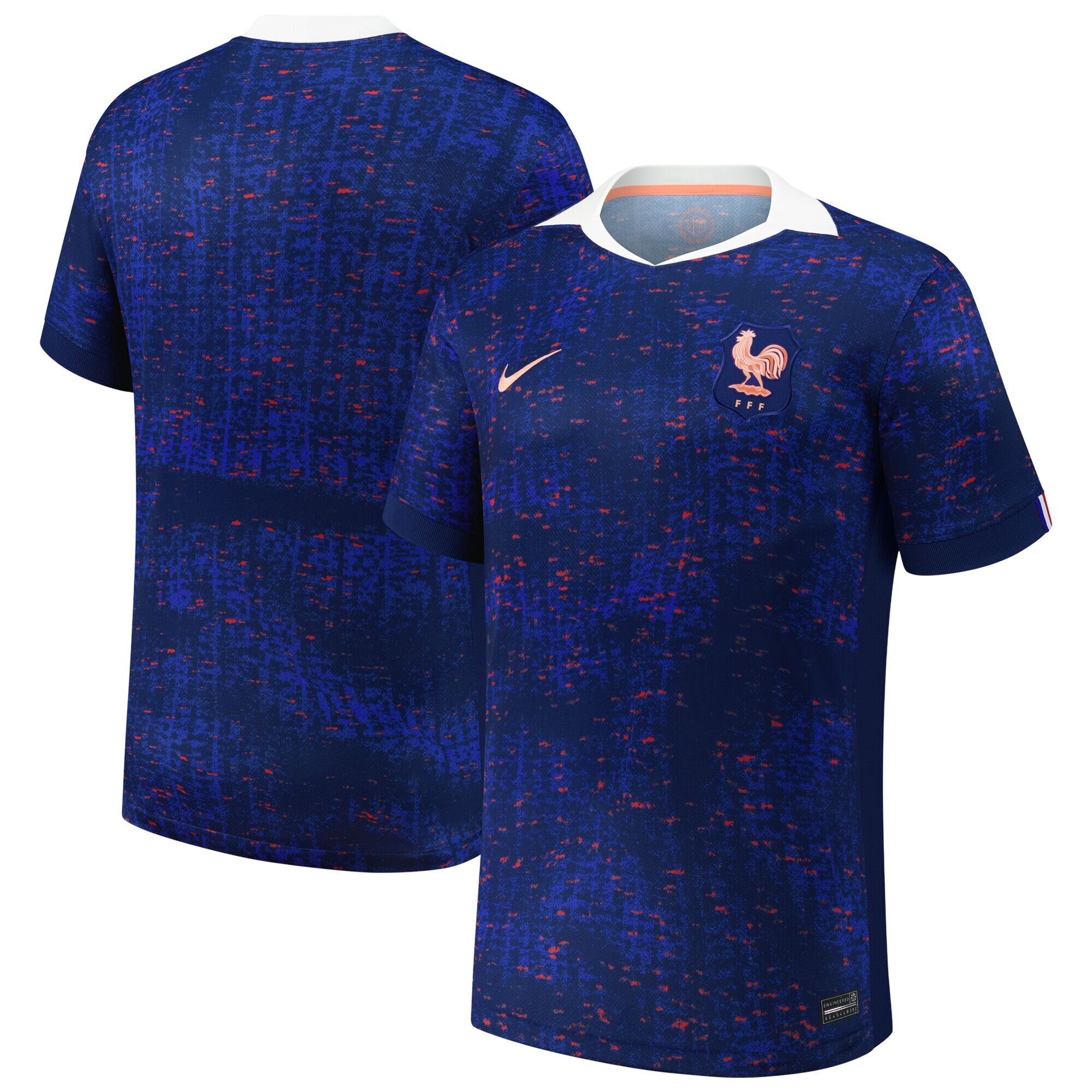 Maillot de football Nike domicile de l'équipe de France saison 2025 avec col Claudine et motif tweed bleu.