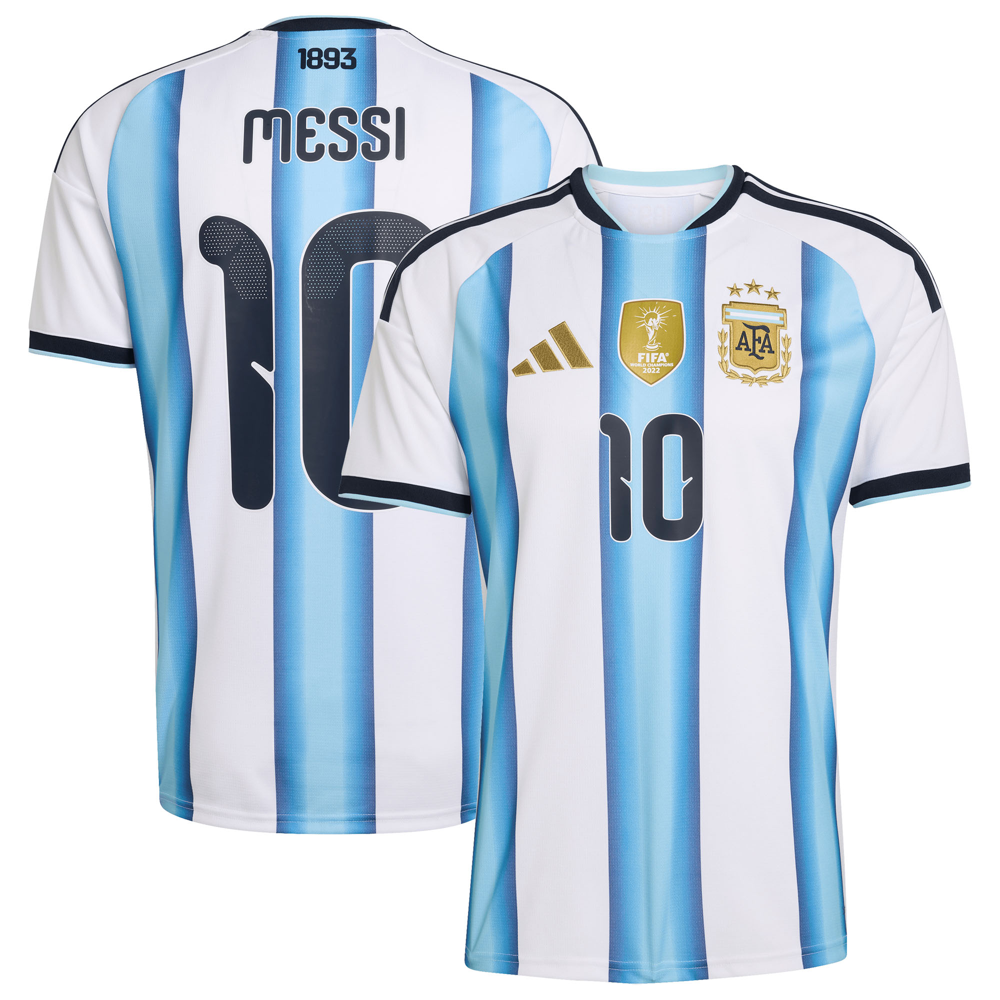 Maillot domicile Argentine 2026 Adidas bleu et blanc floqué Messi numéro 10 avec les trois étoiles.