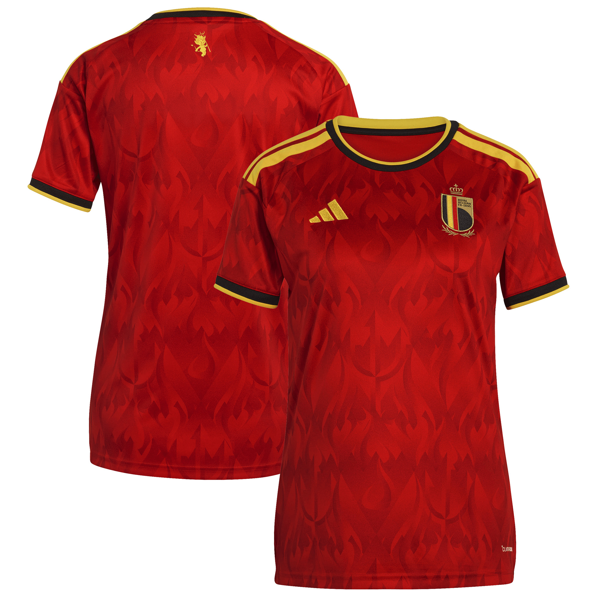 Maillot de football Adidas Belgique domicile pour femme, saison 2025/2026, rouge avec écusson officiel.