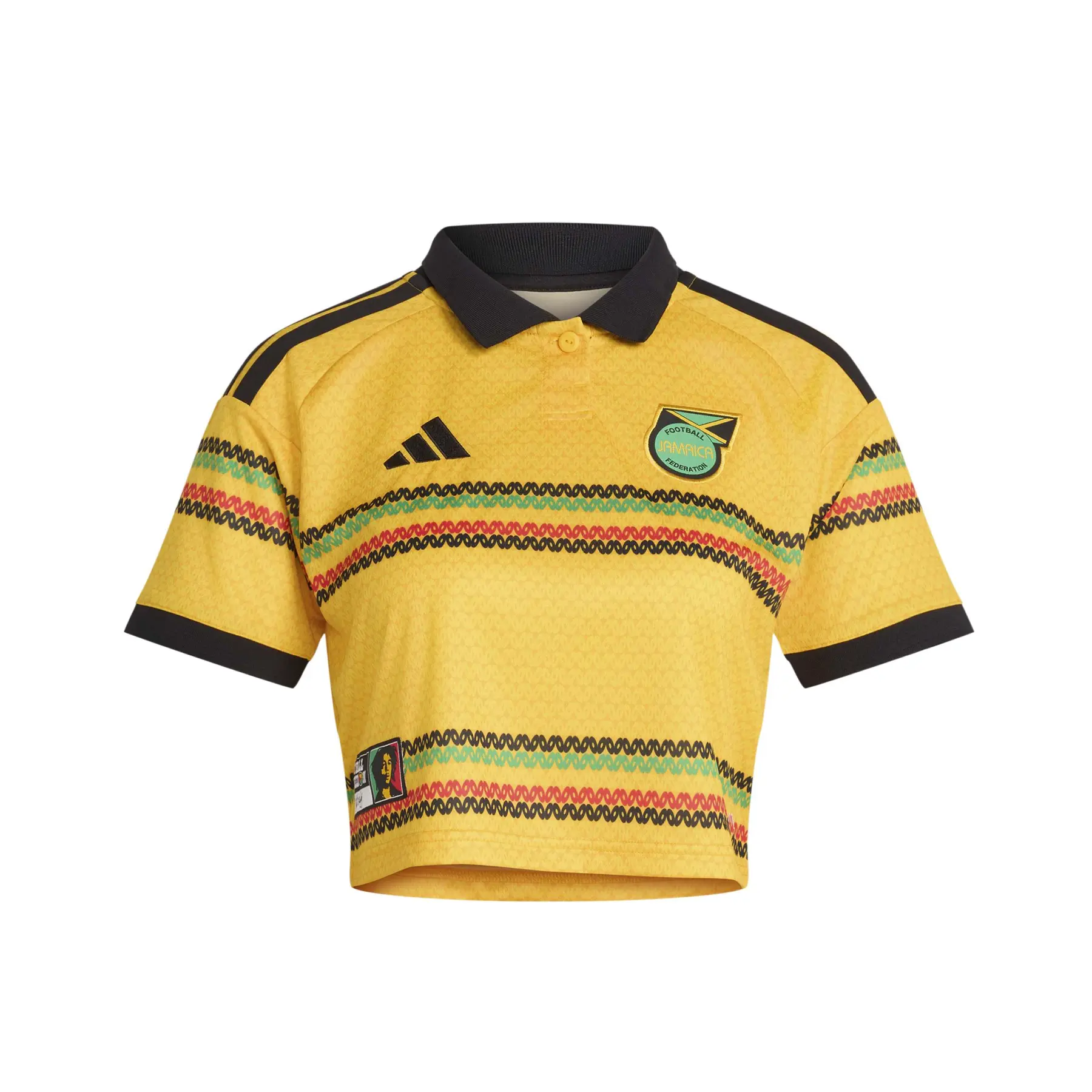 Maillot de football Adidas Jamaïque Domicile Crop pour femme, saison 2025/2026, jaune avec détails verts.