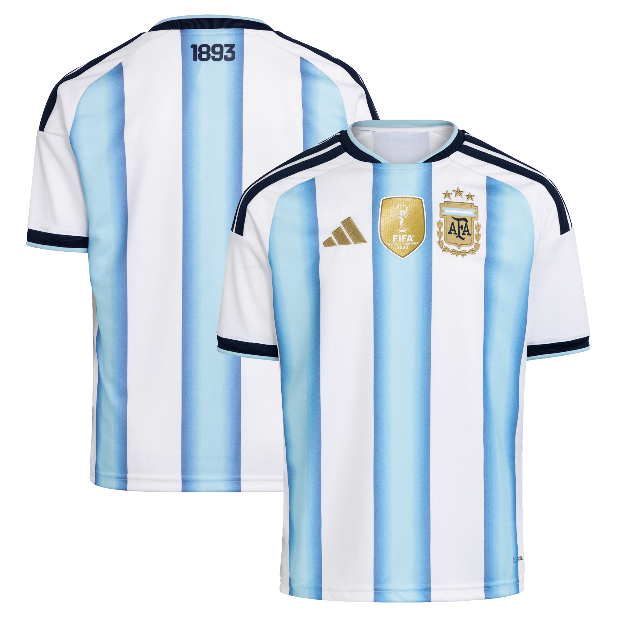 Maillot de football domicile Argentine 2026 pour enfant, rayures bleu ciel et blanc, logo Adidas et écusson brodé.