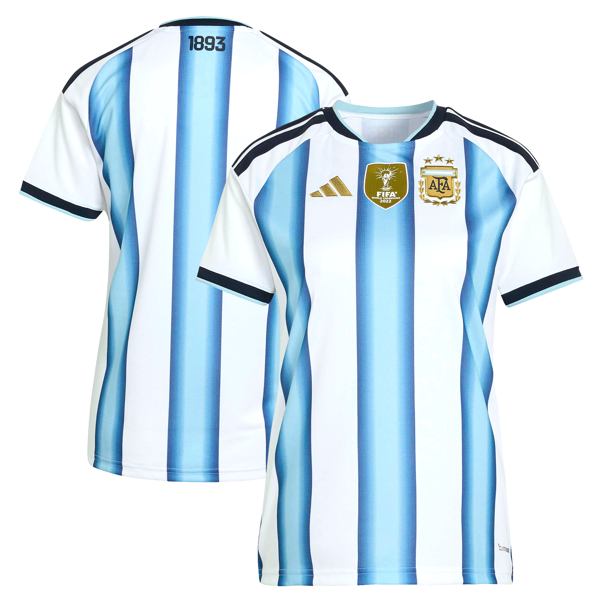 Maillot de football domicile Adidas de l'Argentine pour femme, saison 2025/2026, rayures bleu ciel et blanc.