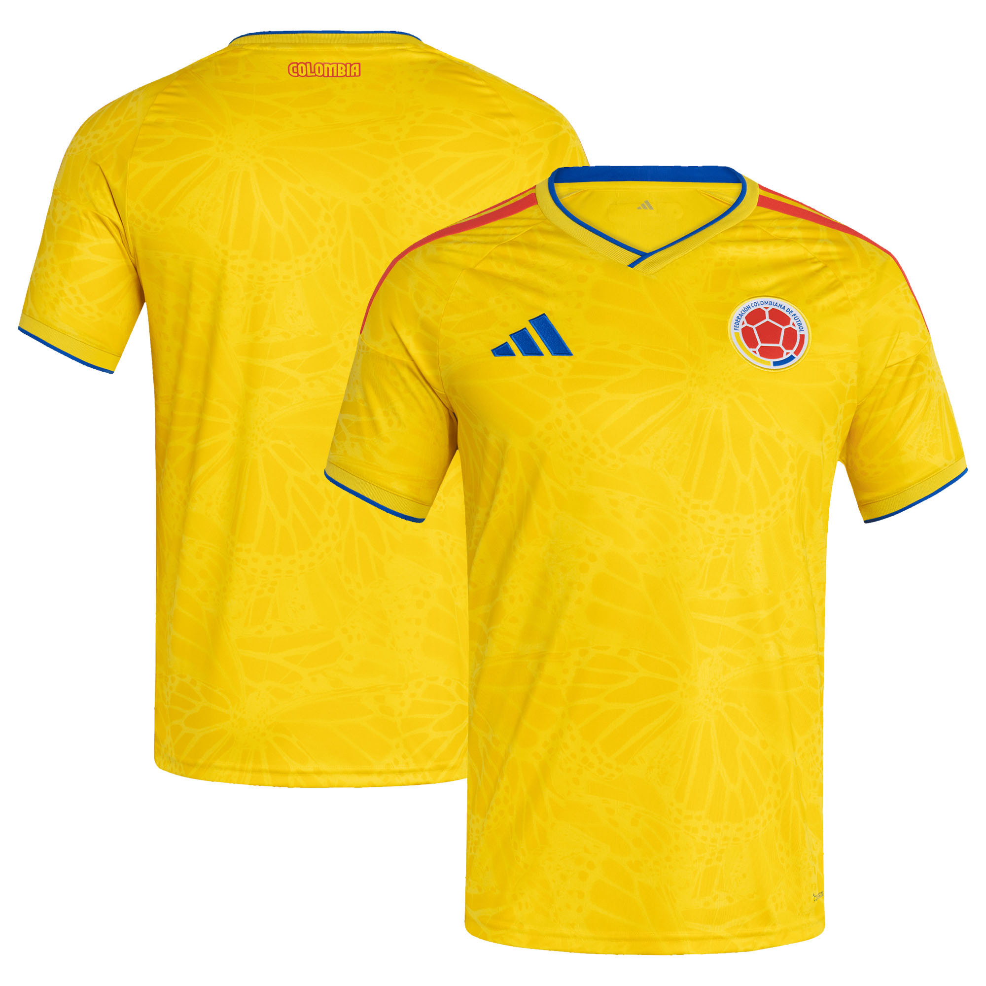 Maillot domicile Adidas de l'équipe de Colombie pour la saison 2025/2026, jaune avec détails brodés.