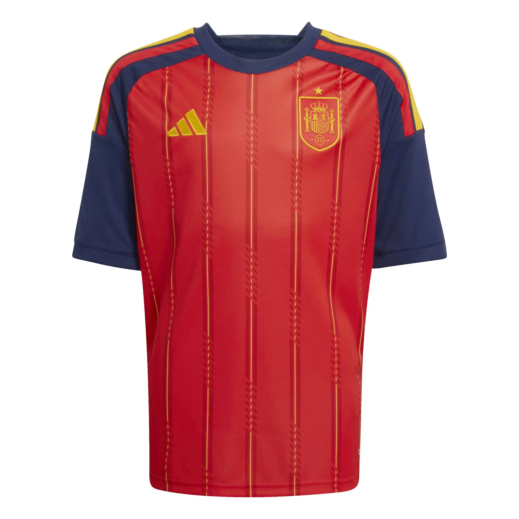 Maillot de football domicile Adidas Espagne 2026 pour enfant, coloris rouge et jaune classique.