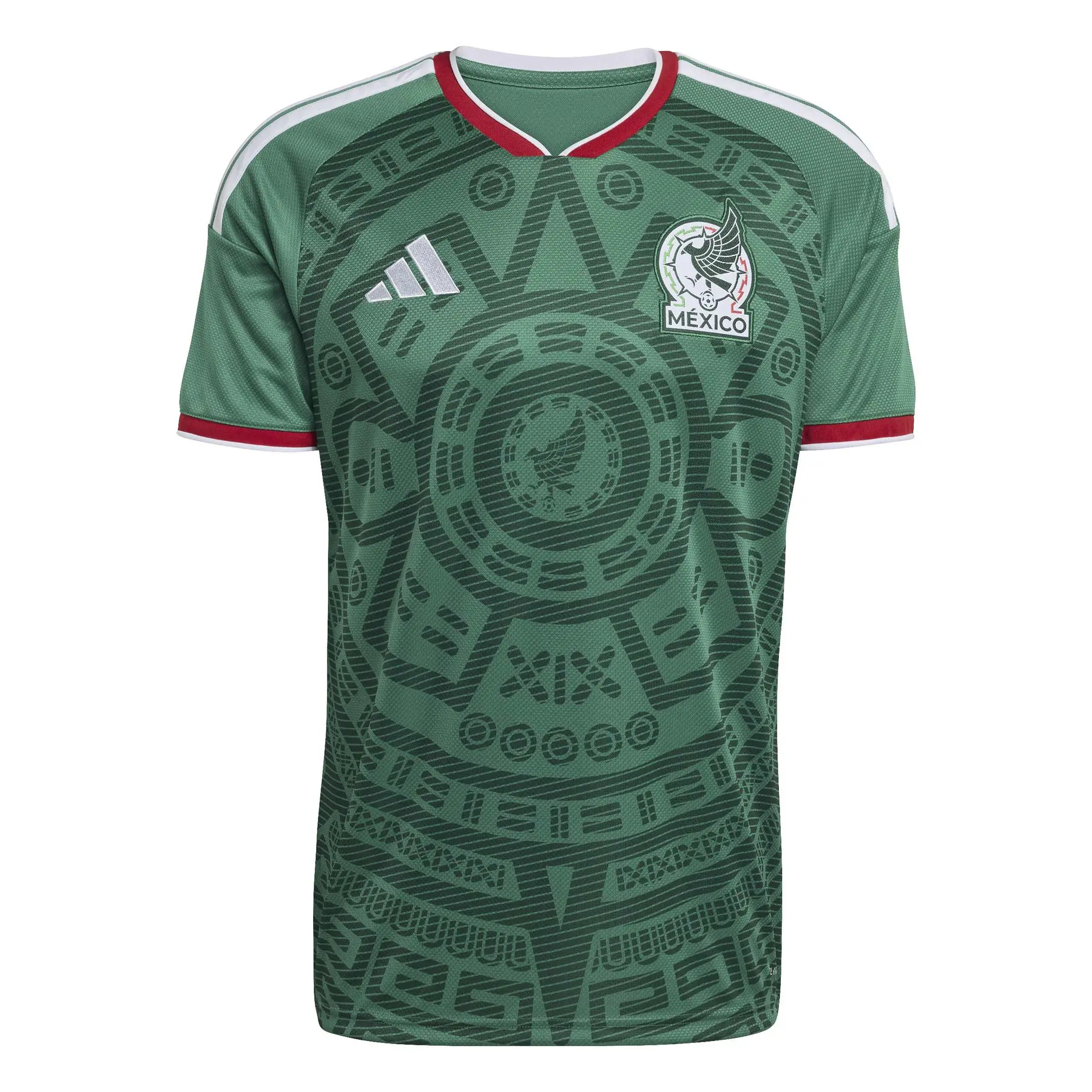 Maillot domicile Adidas du Mexique pour la saison 2025/2026, coloris vert traditionnel avec blason brodé.