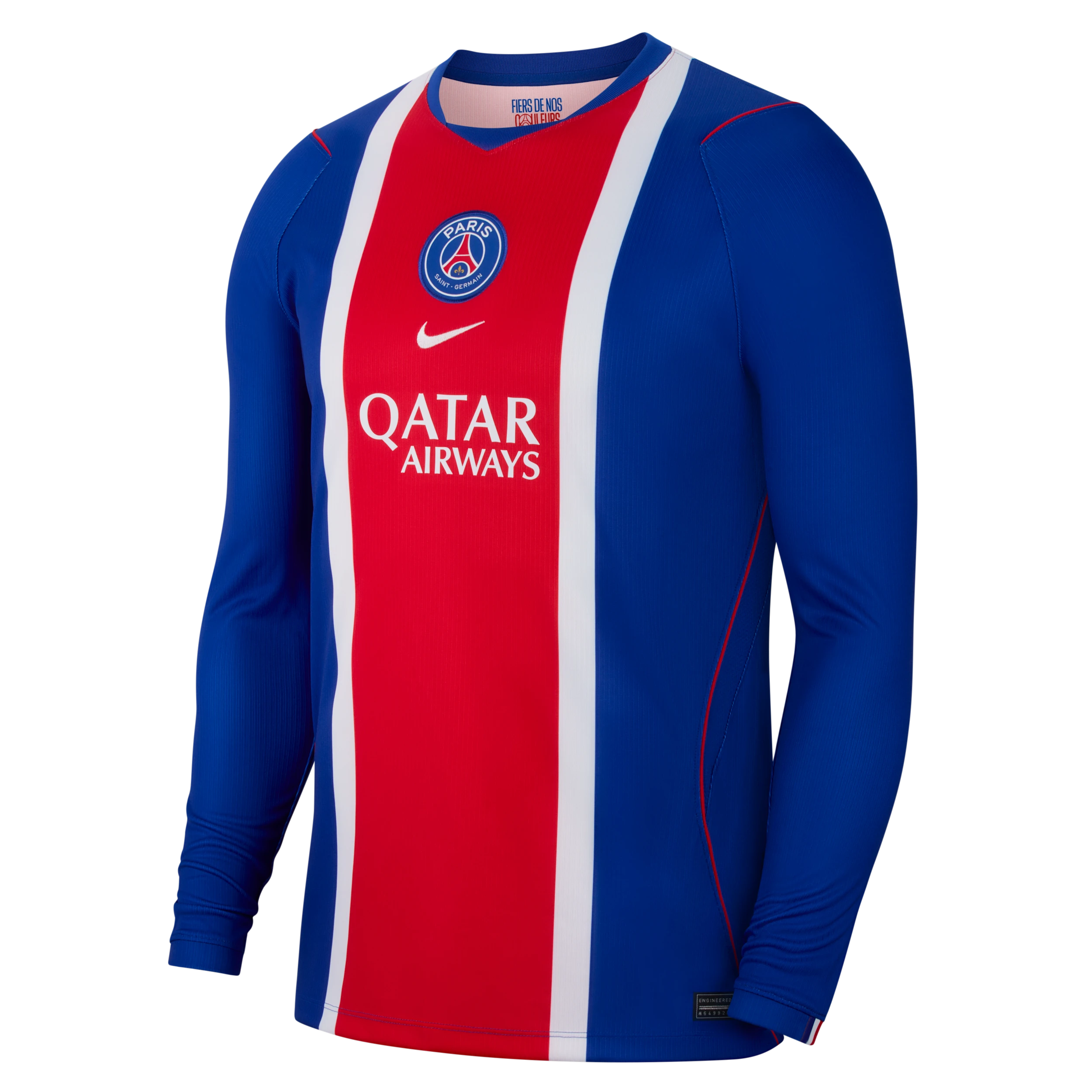 Maillot domicile PSG 2026/27 Nike manches longues bleu avec bande centrale rouge et blanche.