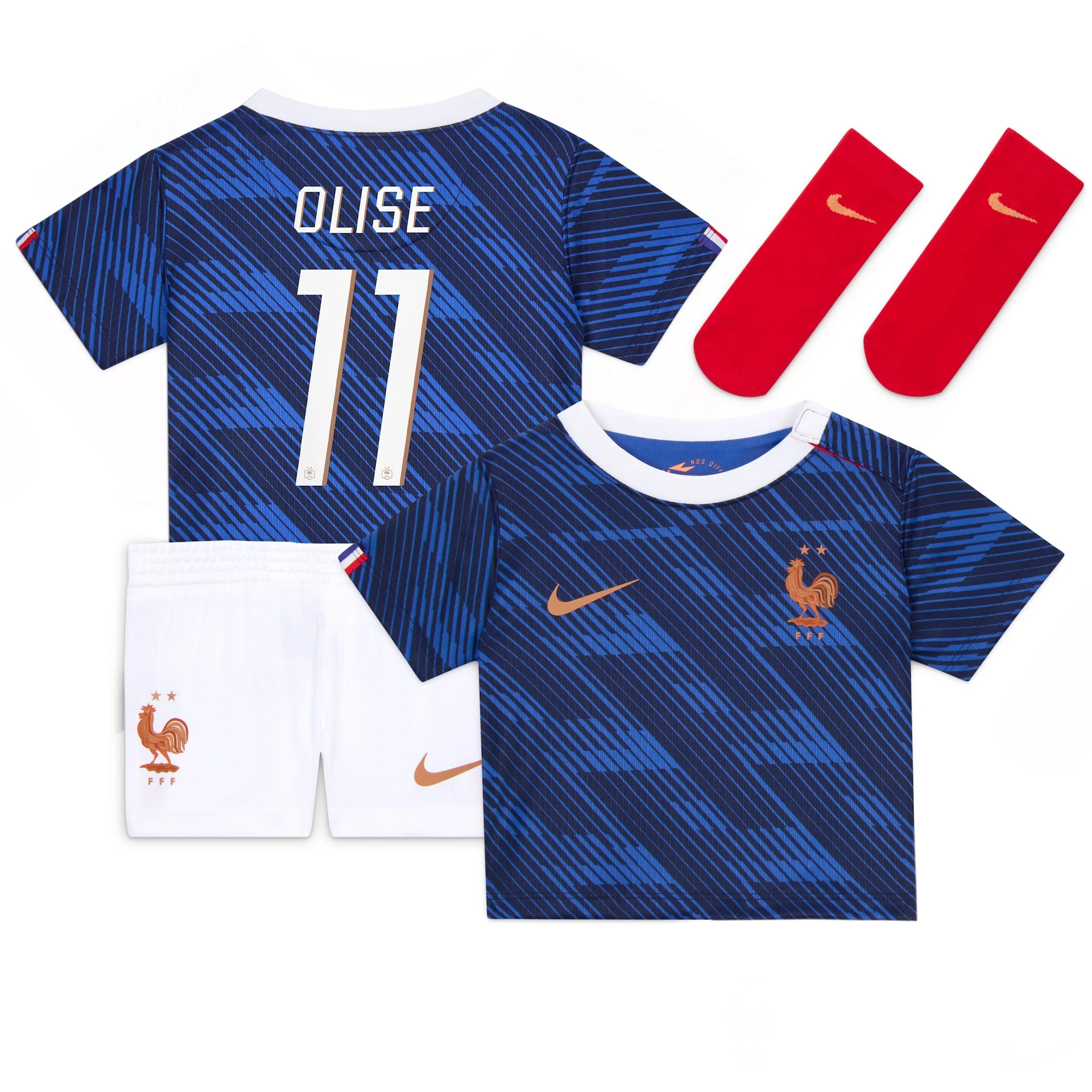 Maillot de football Nike bleu pour bébé équipe de France 2026/2027 Michael Olise numéro 11.