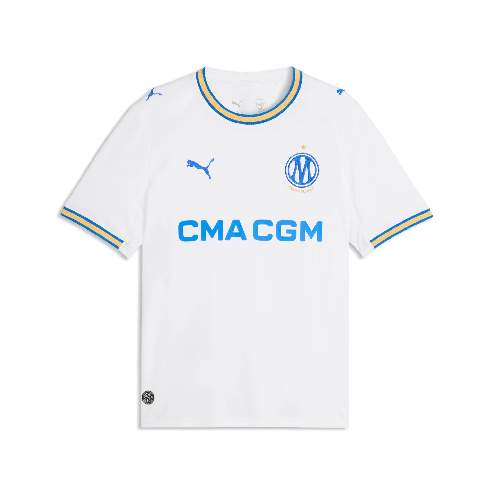 Maillot blanc domicile de l'Olympique de Marseille Puma saison 2026-2027 avec logos bleus.