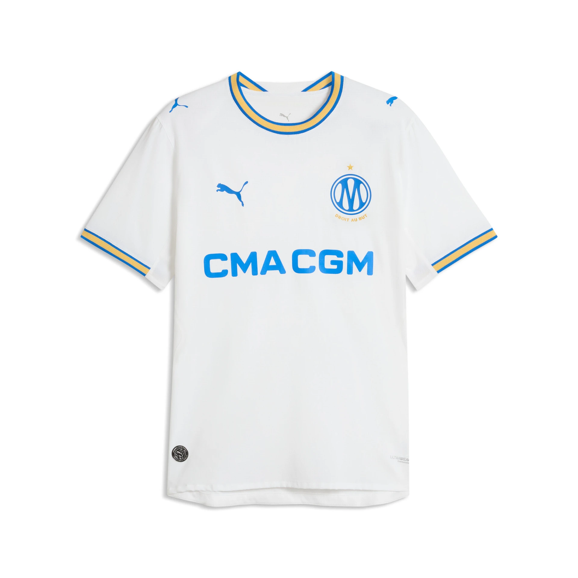 Maillot de football Puma domicile authentique de l'Olympique de Marseille blanc et bleu saison 2026/2027.