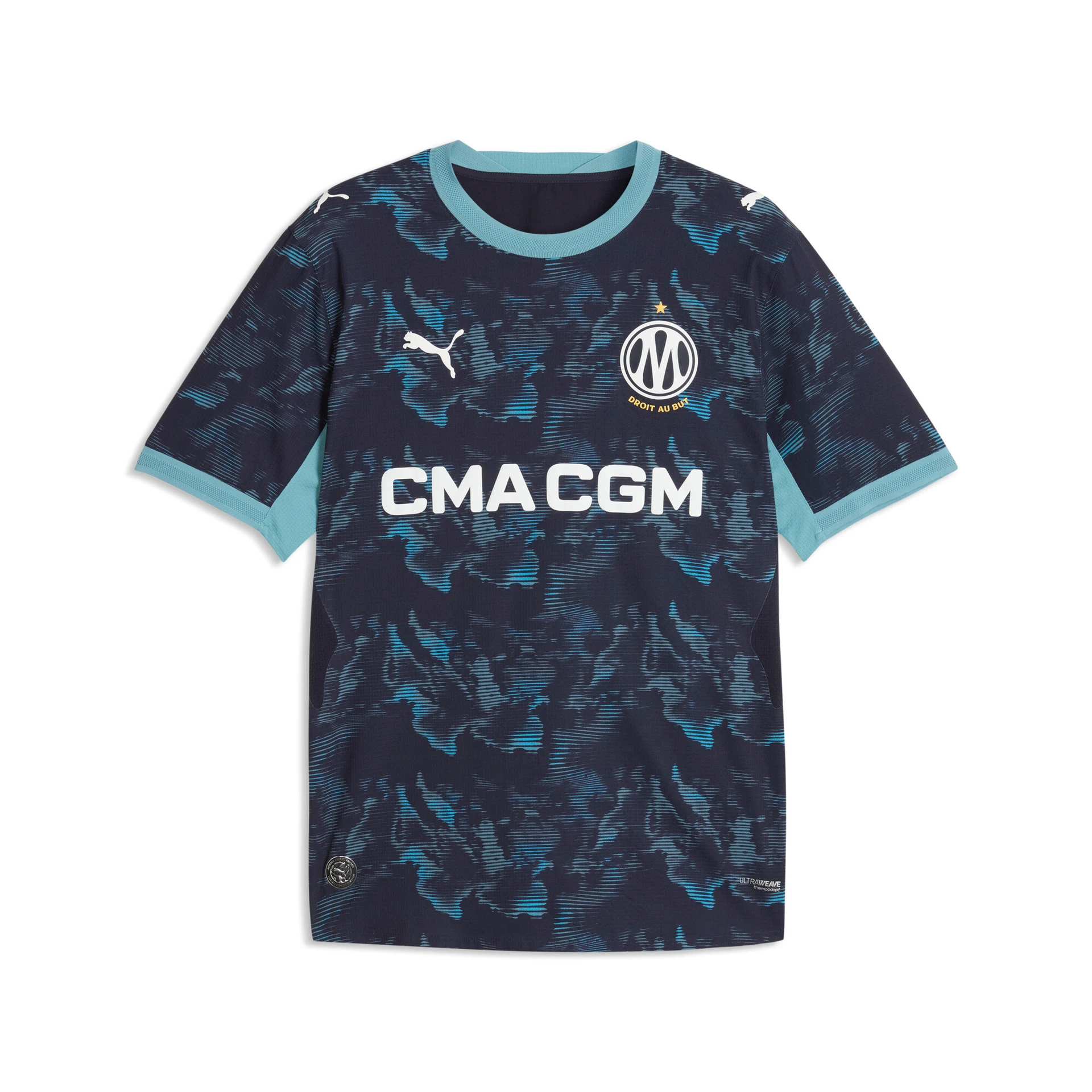 Maillot extérieur authentique Puma de l'Olympique de Marseille 2026/2027, bleu avec motif de carte maritime.
