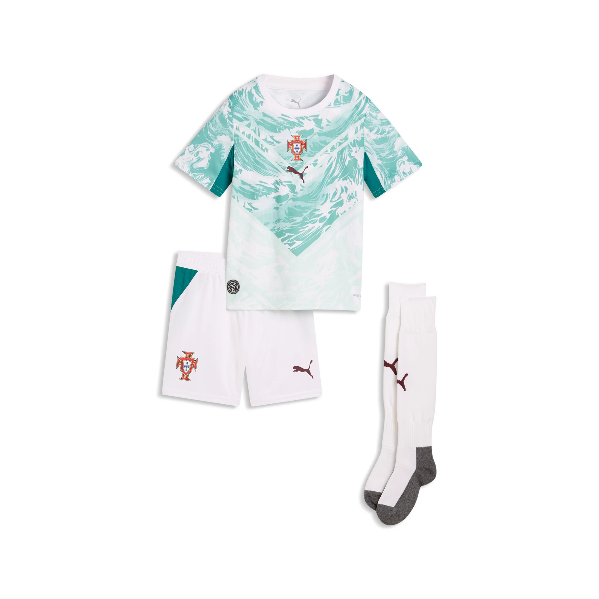 Ensemble complet mini-kit extérieur blanc et vert du Portugal pour junior, saison 2026 par Puma.