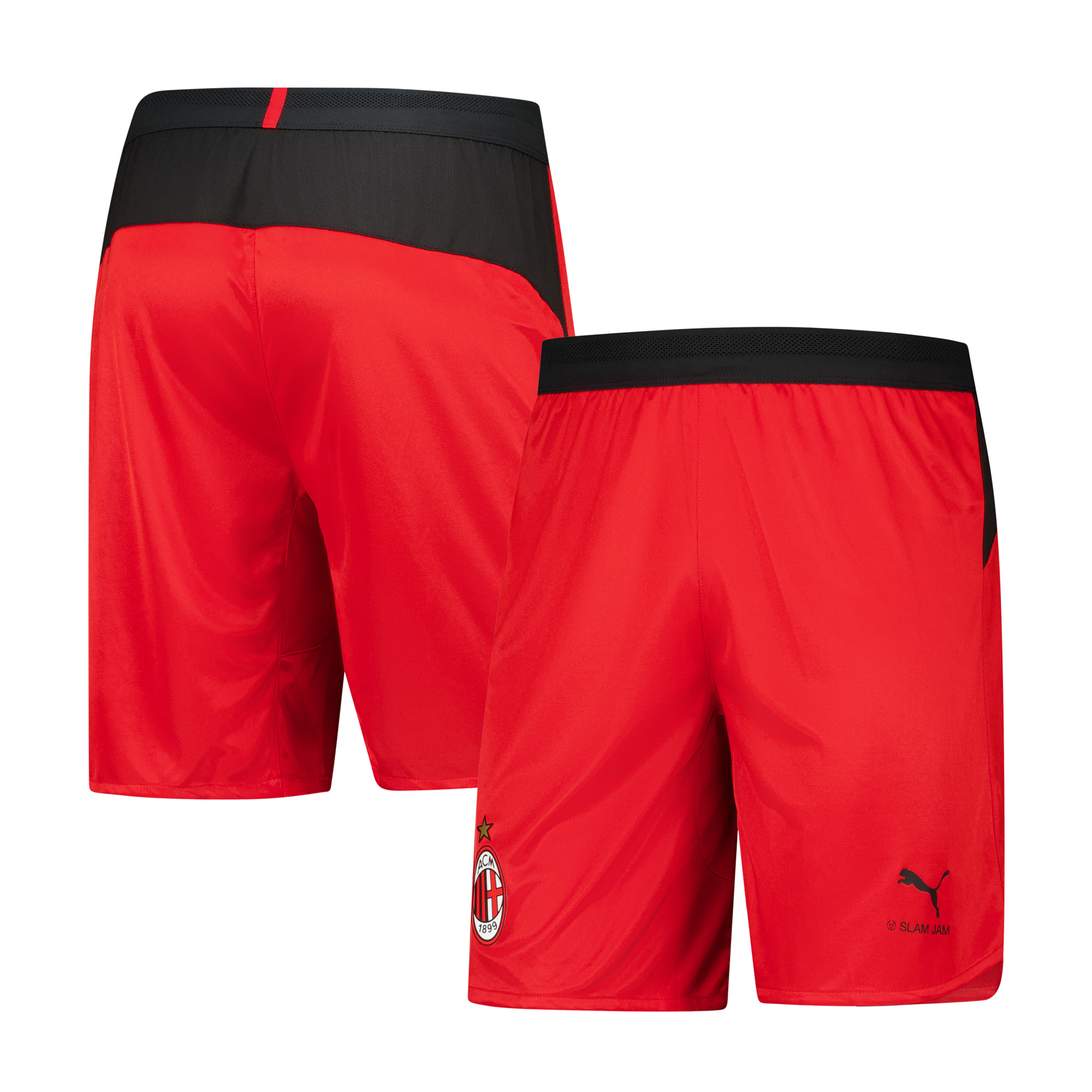 Short rouge AC Milan x Slam Jam saison 2025/2026 Puma avec écusson du club.