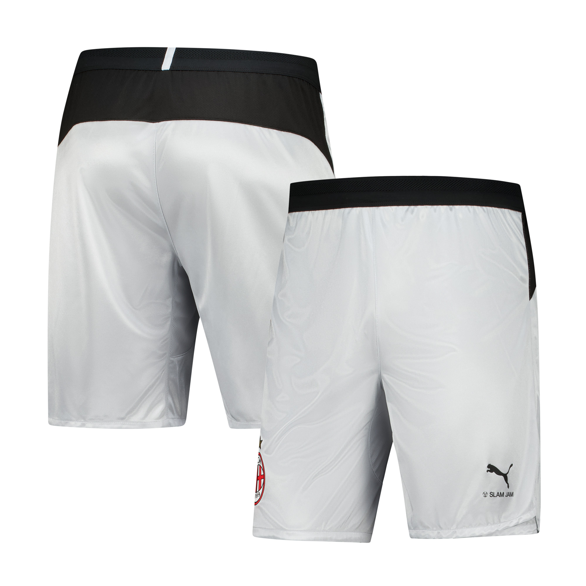Short Puma AC Milan x Slam Jam Fourth 2025/2026, coloris argent avec logo officiel du club.