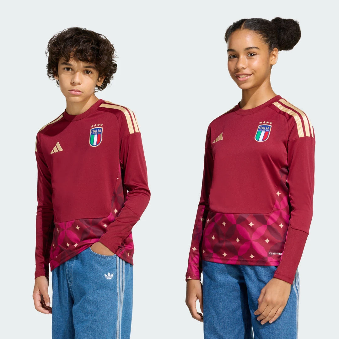 Maillot de gardien de but bordeaux de l'Italie pour enfant, manches longues, saison 2026 par Adidas.