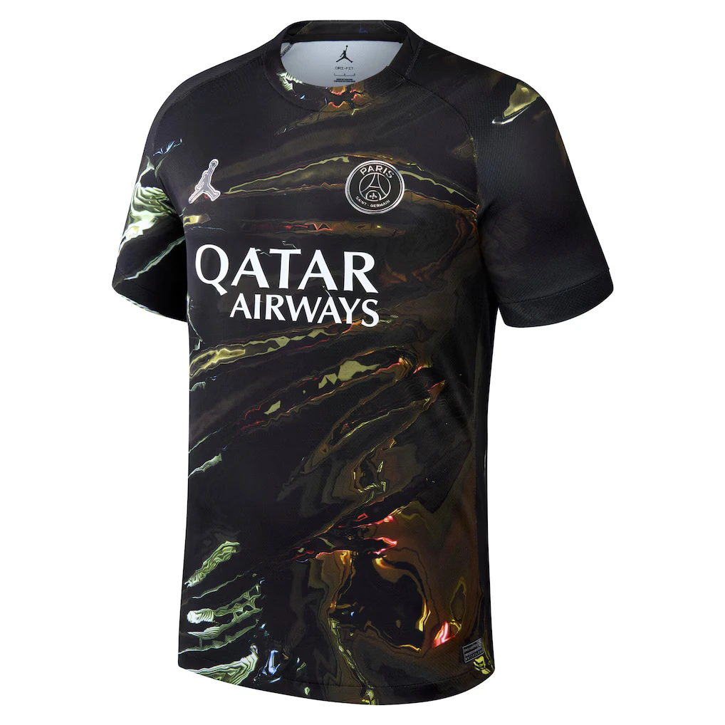 Maillot PSG Night Edition Jordan 2025/2026 noir avec motifs lumineux inspirés des lumières de Paris.