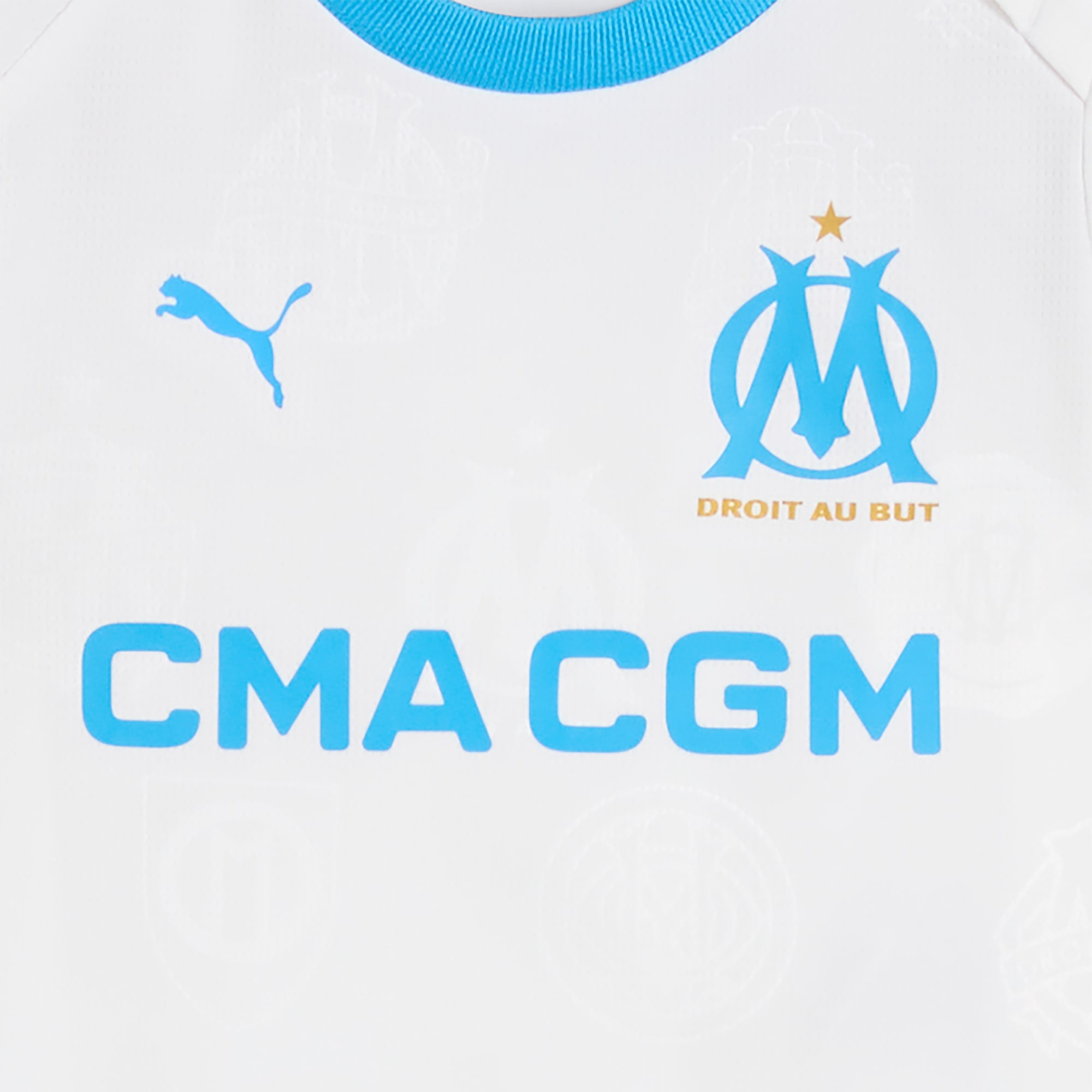 Maillot officiel Olympique de Marseille domicile 2025-2026 blanc et bleu Puma - détail