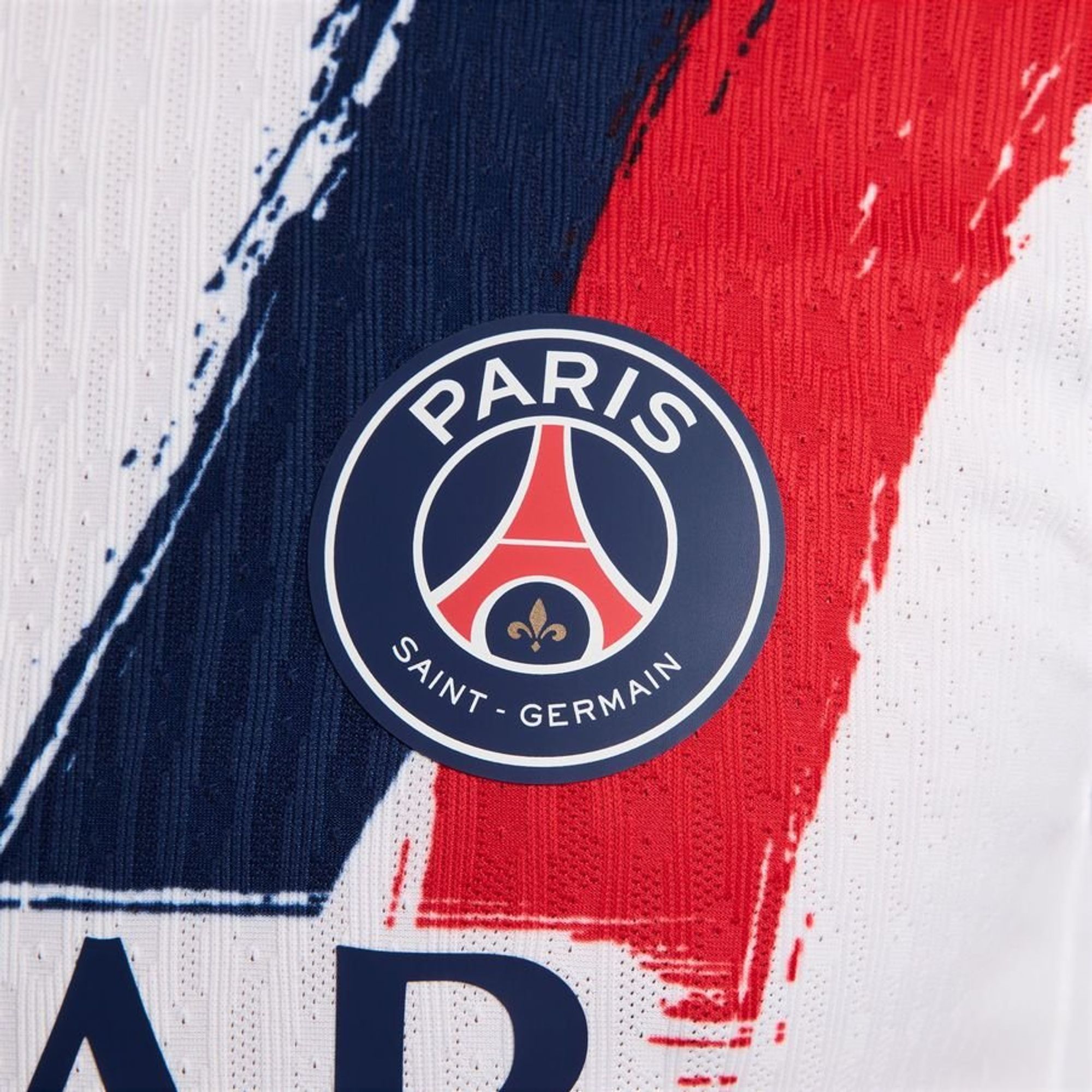Maillot officiel Paris Saint-Germain extérieur 2025-2026 blanc et bleu Nike - détail