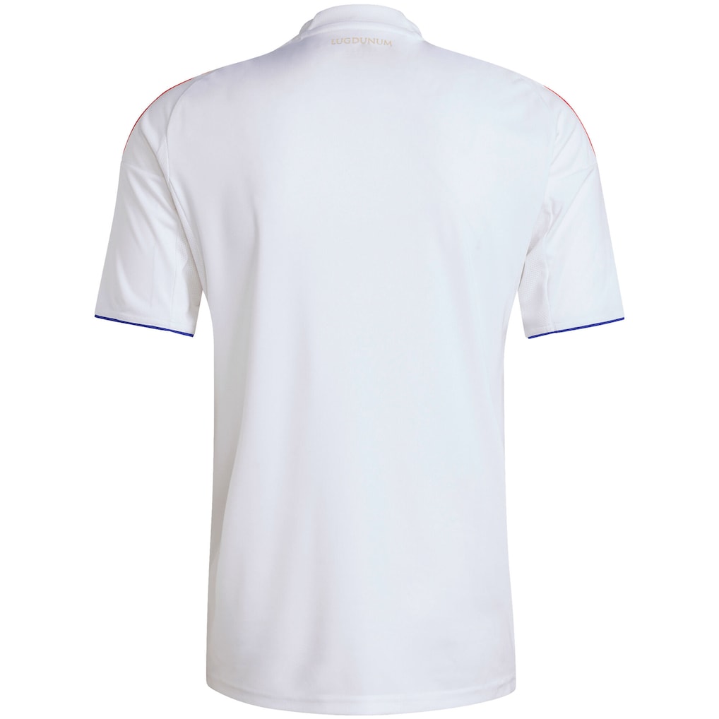 Maillot officiel Olympique Lyonnais domicile 2025-2026 blanc avec bande rouge et bleu Adidas - vue de dos