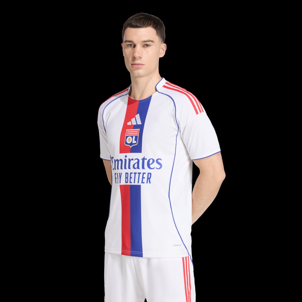 Maillot officiel Olympique Lyonnais domicile 2025-2026 blanc avec bande rouge et bleu Adidas - photo portée