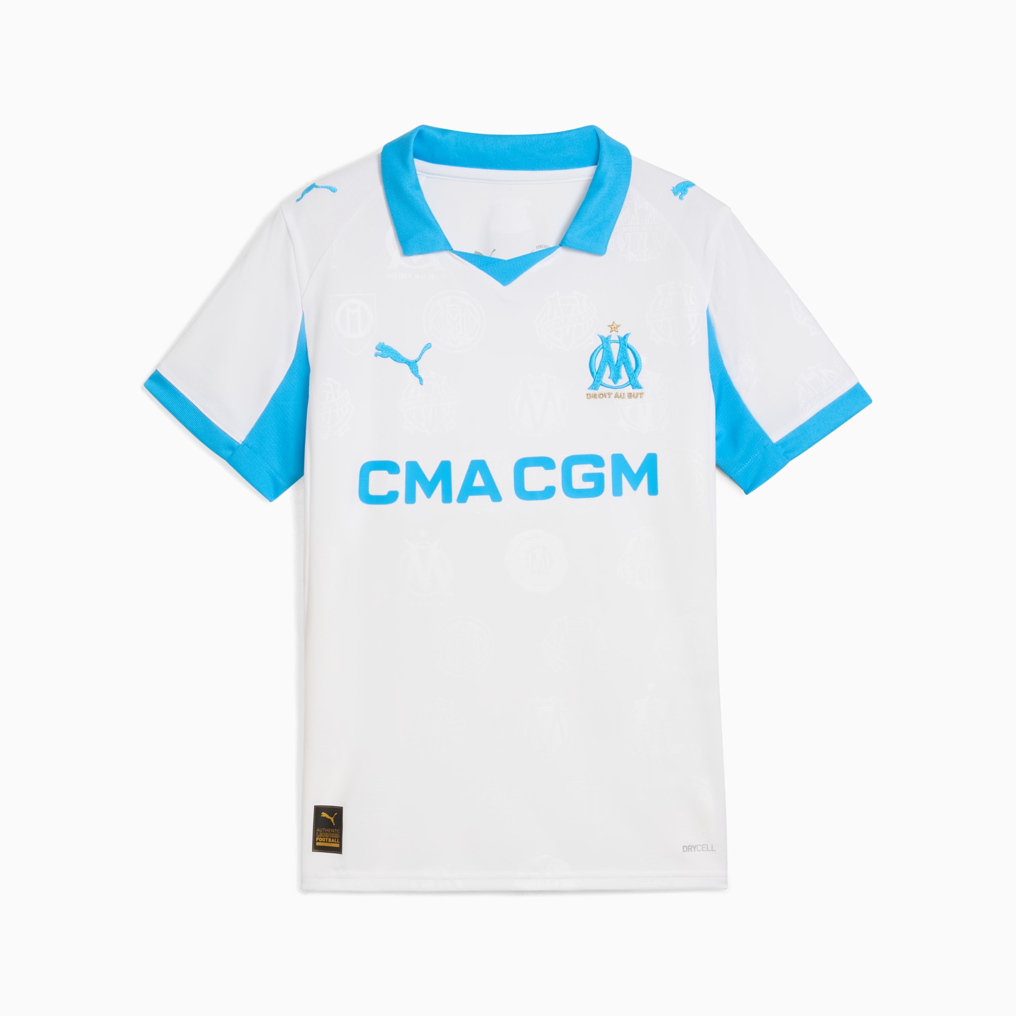 Maillot officiel Olympique de Marseille domicile 2025-2026 blanc et bleu azur Puma - vue de face