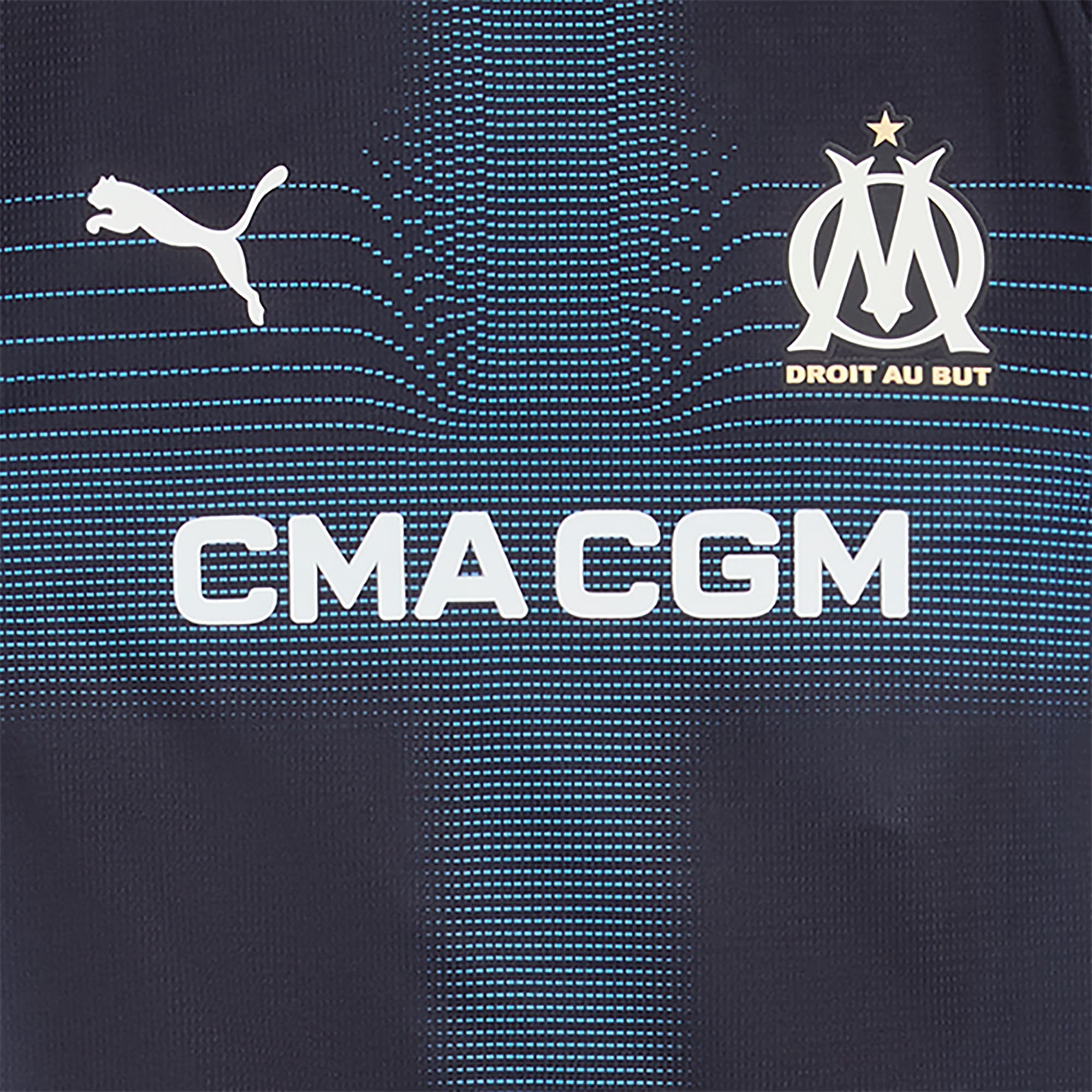Maillot officiel Olympique de Marseille exterieur 2025-2026 bleu marine et bleu lumineux Puma - détail